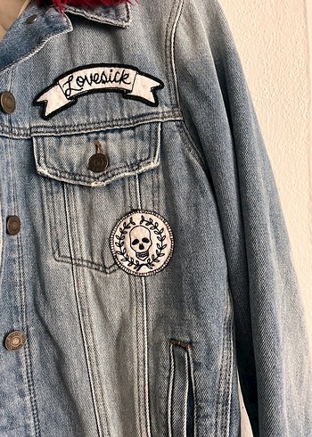 s Beden mavi Renk Kürk Yaka Nakışlı Mavi Denim Ceket