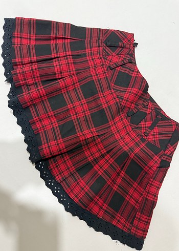 Kırmızı Ekose Pileli Goth Mini Etek - Görsel 2