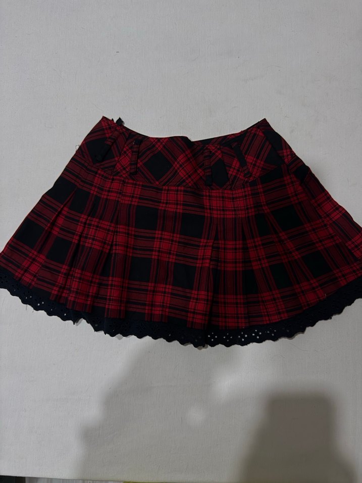 Kırmızı Ekose Pileli Goth Mini Etek - Görsel 3