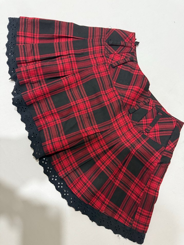 Kırmızı Ekose Pileli Goth Mini Etek - Görsel 2