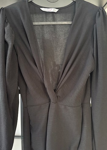 Kadın Siyah V Yaka Uzun Keten Elbise - Görsel 2