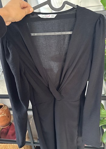 Kadın Siyah V Yaka Uzun Keten Elbise - Görsel 3