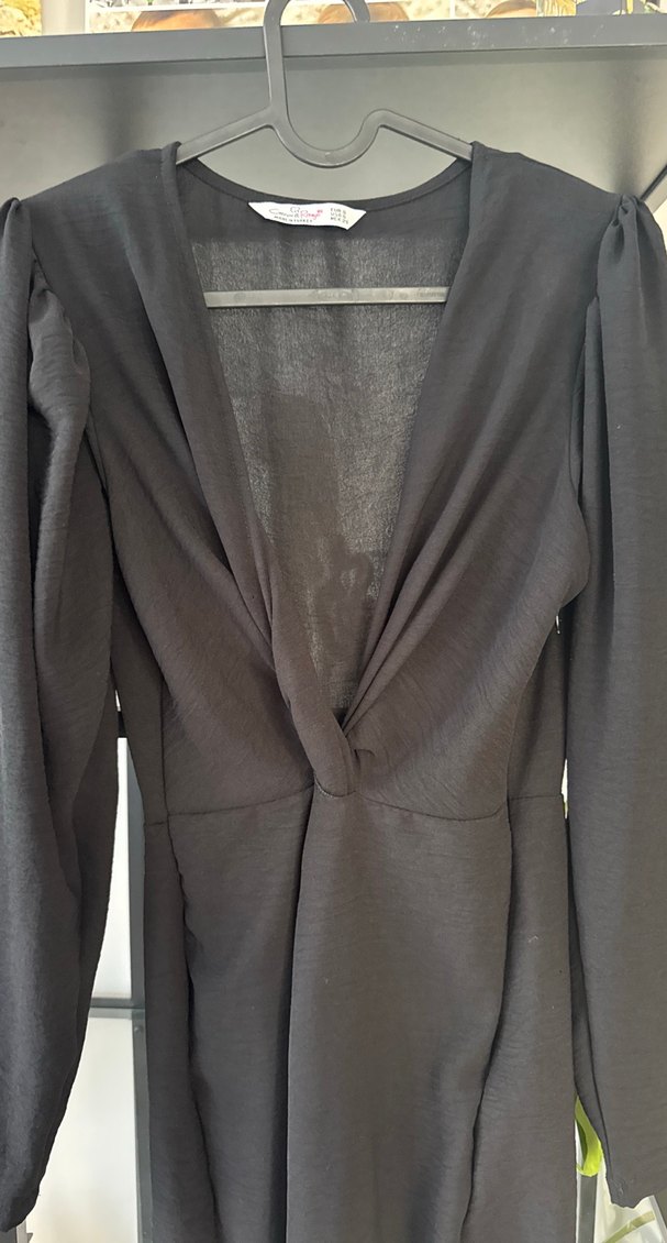 Kadın Siyah V Yaka Uzun Keten Elbise - Görsel 2