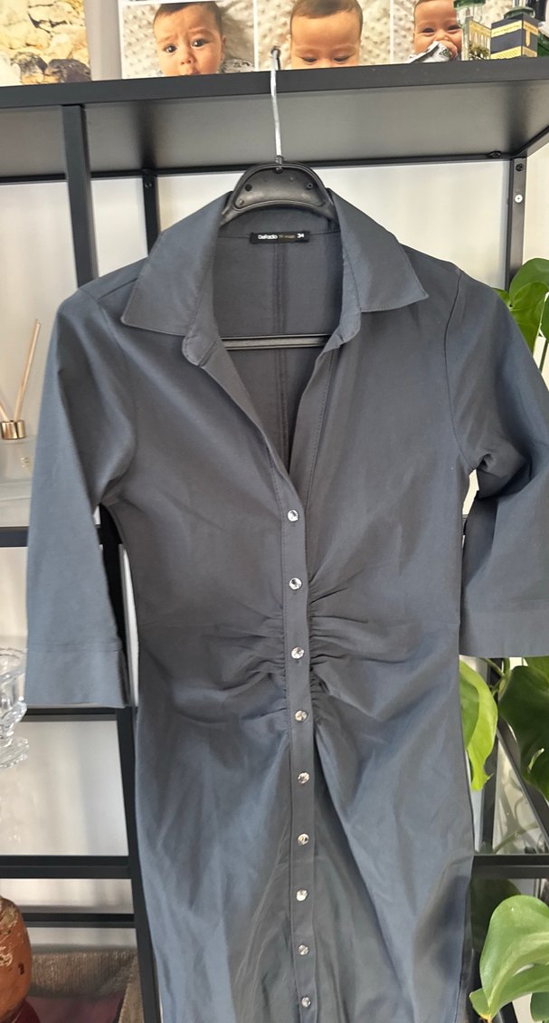 Düğmeli Gri  Elbise - Görsel 3