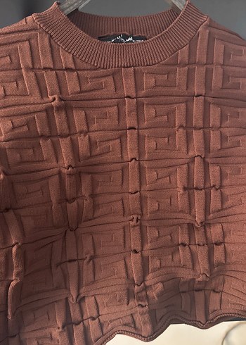 Kadın Kahverengi Örgü Crop Kazak - Görsel 2