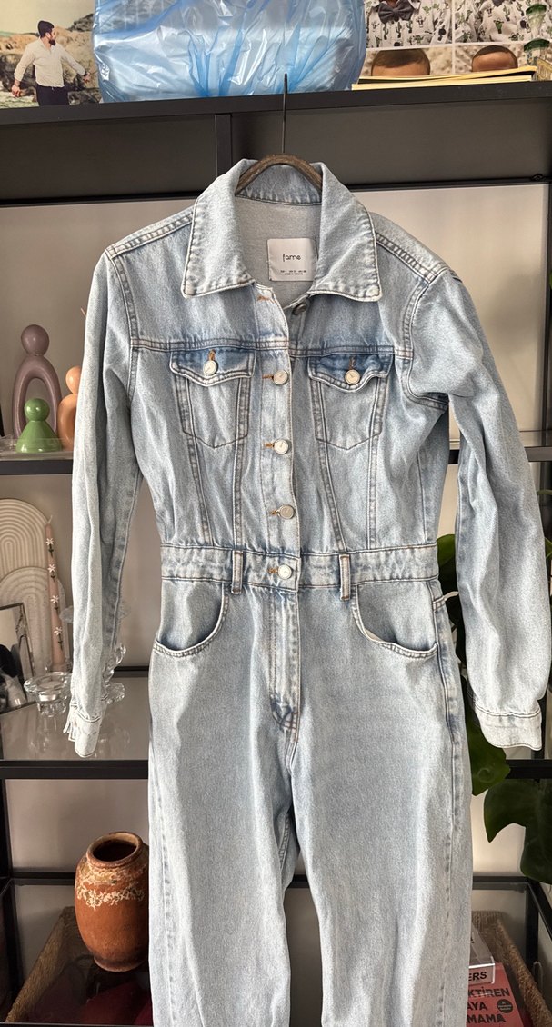 Düğmeli Uzun Kollu Denim Tulum - Görsel 2
