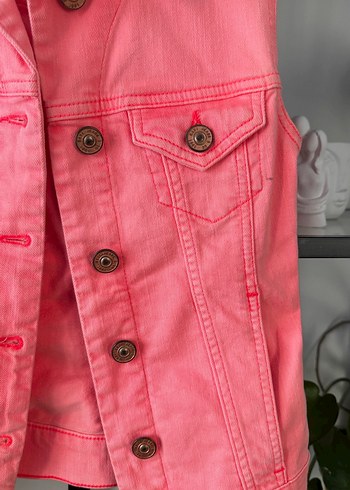 Neon mavi jeans Düğmeli Pembe Kolsuz Denim Ceket - Görsel 2