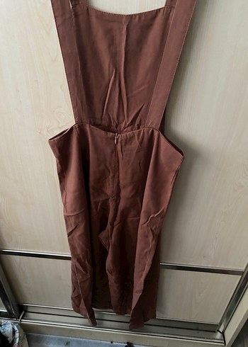 Kadın Kahverengi Keten Salaş Midi salopet Tulum - Görsel 4