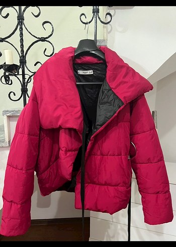 s Beden Pembe Kemerli Oversize Kısa Kışlık Mont