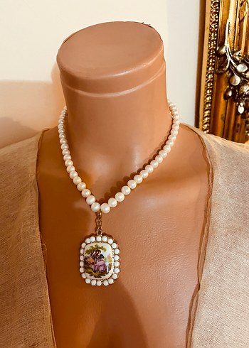 İnci Boncuklu Mini Kolye Beyaz İşlemeli - Görsel 4