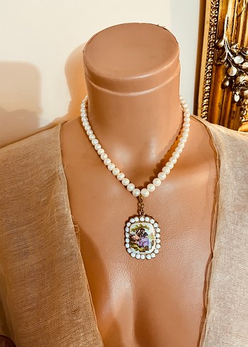 İnci Boncuklu Mini Kolye Beyaz İşlemeli - Görsel 2