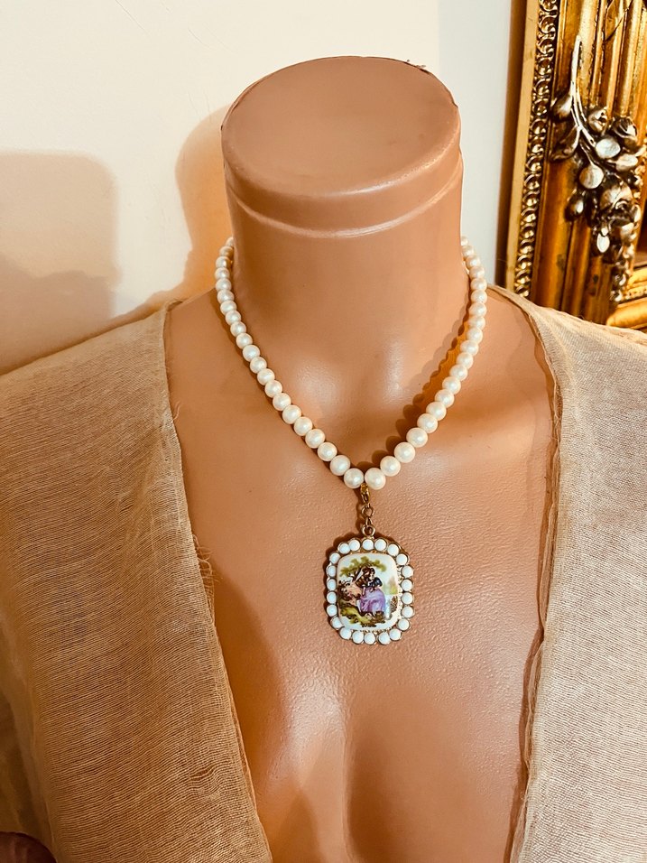 İnci Boncuklu Mini Kolye Beyaz İşlemeli - Görsel 2