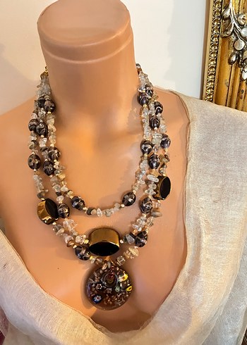 Uzun Boncuklu Altın Renkli Bohem Kolye - Görsel 2