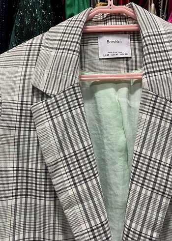 Gri Ekose Desenli Uzun Kadın Blazer Ceket - Görsel 2