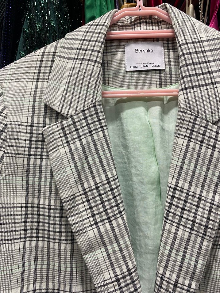 Gri Ekose Desenli Uzun Kadın Blazer Ceket - Görsel 2