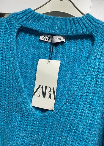 Mavi V Yaka Örgü Kadın Kazak - Görsel 2