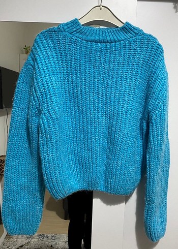 Mavi V Yaka Örgü Kadın Kazak - Görsel 3