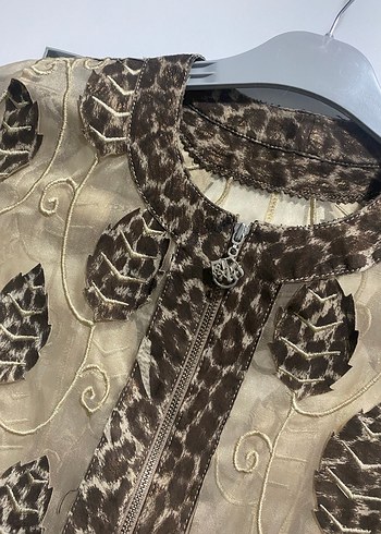 Kahverengi Nakışlı Dantel Detaylı Kadın leopar Ceket - Görsel 3