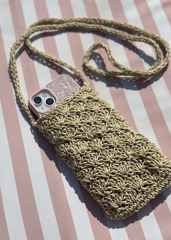 Bej Örgü Çapraz Telefon Çantası