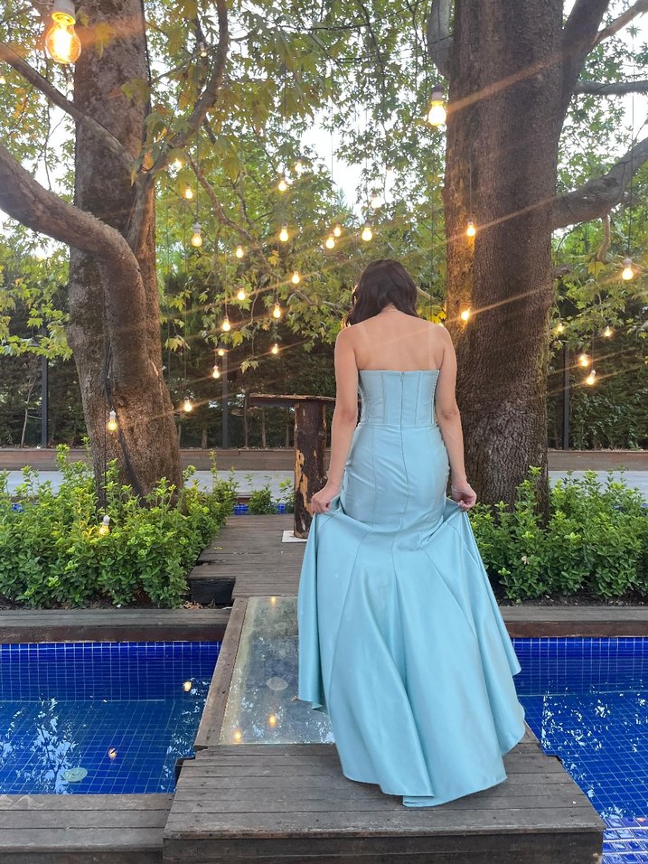 Straplez Drapeli Uzun Turkuaz Abiye Elbise - Görsel 4