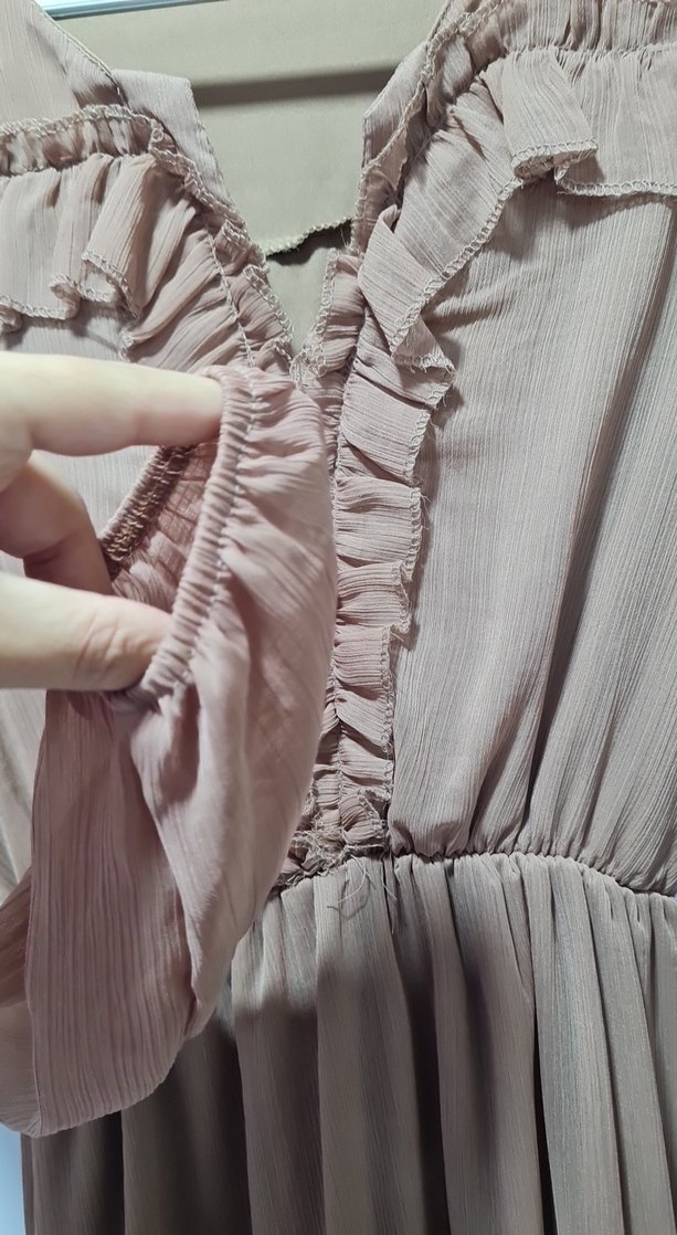 Bej Uzun Kollu Fırfırlı Bohem Elbise - Görsel 3