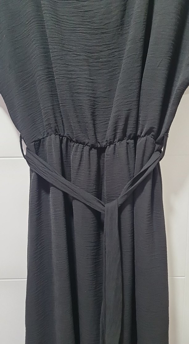 Siyah Keten Uzun Kemerli Elbise - Görsel 2