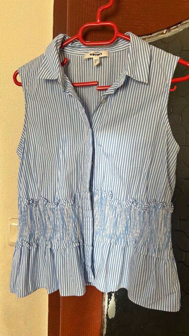 Mavi Çizgili Kolsuz Keten Gömlek - Görsel 2