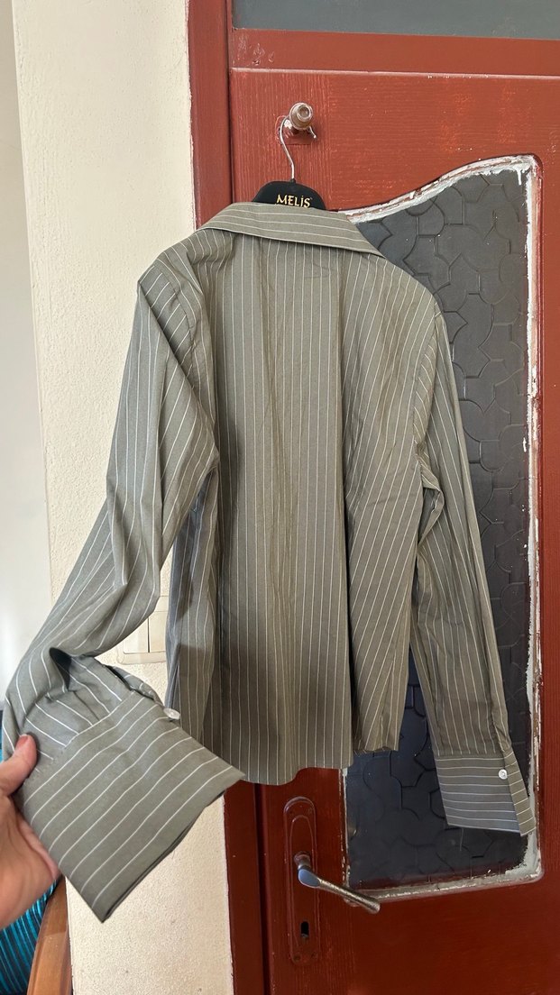 Düğmeli Gri Çizgili Keten Kadın Gömlek - Görsel 5