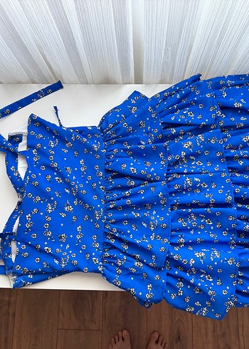 s Beden mavi Renk Mavi Mini Straplez Fırfırlı Elbise