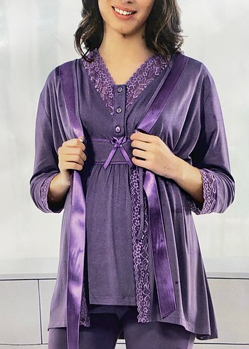 4moms Hamile lohusa Mor Parlak Bağcıklı V Yaka Lohusa Pijama Takımı