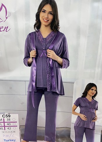 Hamile lohusa Mor Parlak Bağcıklı V Yaka Lohusa Pijama Takımı