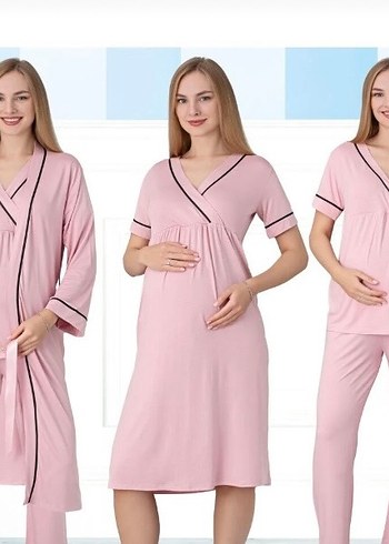 Pembe V Yaka Hamile ve Emzirme Pijama gecelik seti