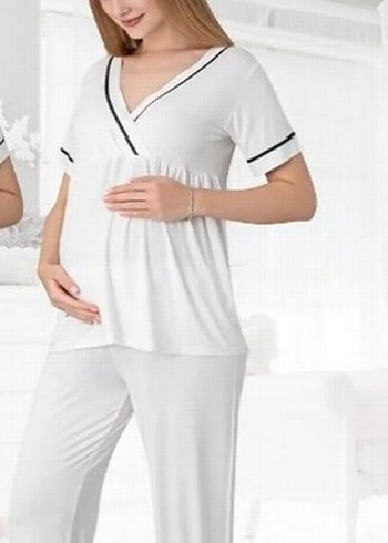 xl Beden beyaz Renk Beyaz V Yaka Kısa Kollu Hamile ve Emzirme Pijama Takımı