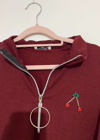 42 Beden Nakışlı Bordo Fermuarlı Uzun Sweatshirt
