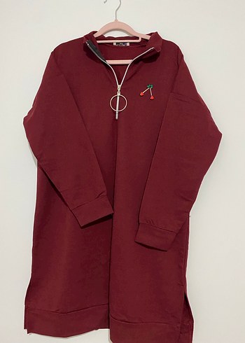 Nakışlı Bordo Fermuarlı Uzun Sweatshirt