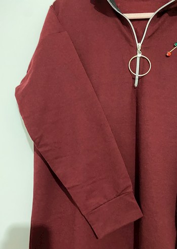 Diğer Nakışlı Bordo Fermuarlı Uzun Sweatshirt