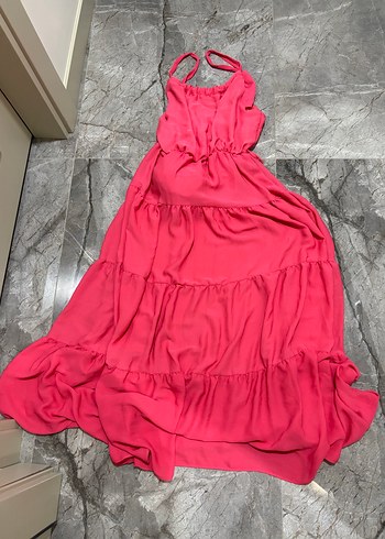 Pembe Uzun Askılı Fırfırlı Bohem Elbise