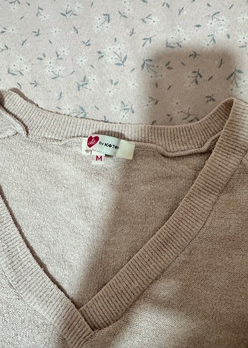 V Yaka Bej Kadın Triko Kazak - Görsel 2