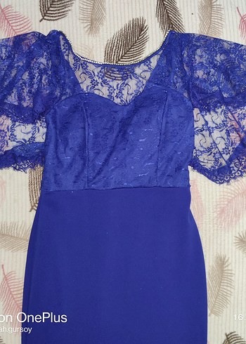 Dantel Detaylı Straplez Mavi Uzun Abiye - Görsel 3