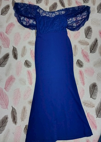 Dantel Detaylı Straplez Mavi Uzun Abiye - Görsel 5