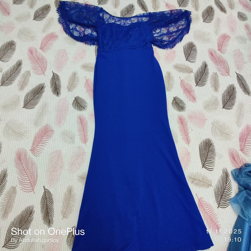 Dantel Detaylı Straplez Mavi Uzun Abiye - Görsel 2