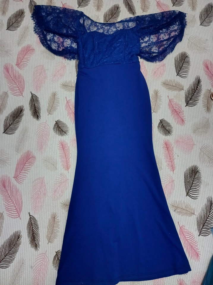 Dantel Detaylı Straplez Mavi Uzun Abiye - Görsel 5