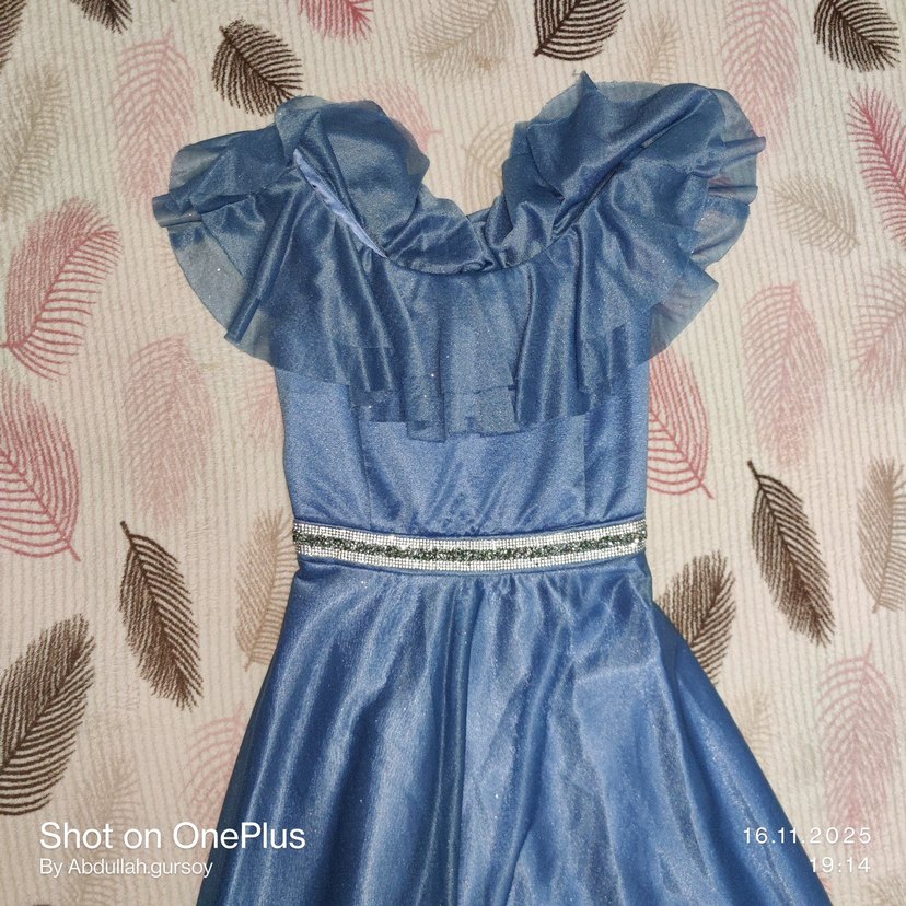 Mavi Uzun Askısız Fırfırlı Kadın Abiye - Görsel 2