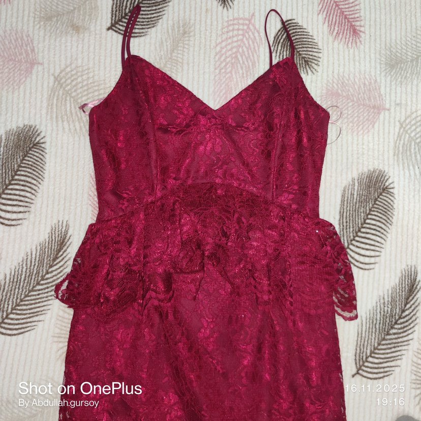 Bordo Dantel Uzun Abiye Elbise - Görsel 2