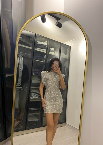s Beden gri Renk Kısa Parlak Payetli Mini Elbise