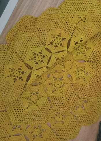 El Yapımı hardal rengi Bohem Örgü Masa Örtüsü üçlü sehpa örtüsü - Görsel 4