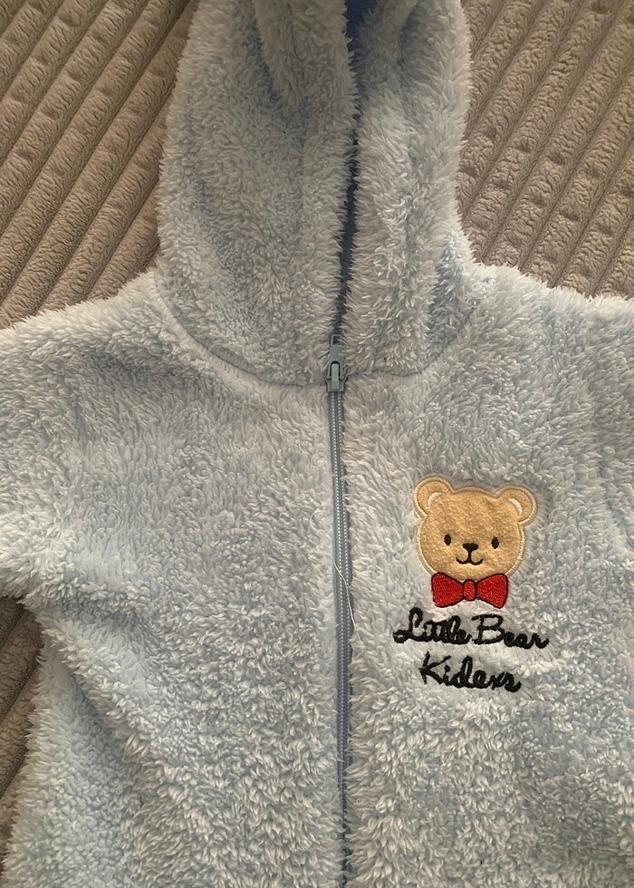 Peluş fermuarlı kapşonlu kulaklı bebek tulum - Görsel 2