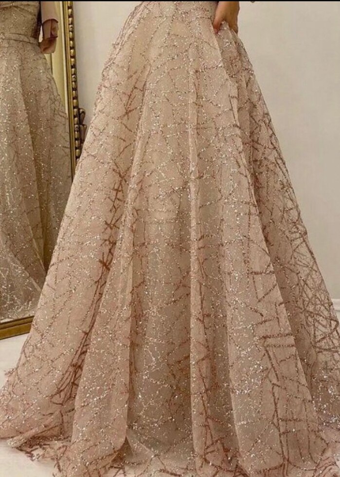 Parlak İşlemeli Bej Uzun Abiye Elbise - Görsel 3