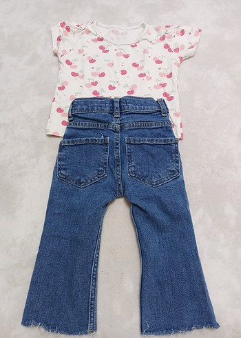 1,5 Yaş Beden Kız Bebek Renkli Kısa Kollu Üst ve Kot Pantolon Takımı