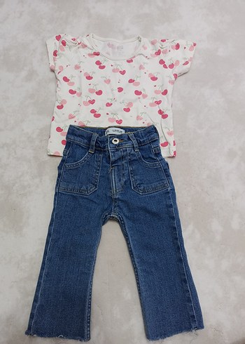 Kız Bebek Renkli Kısa Kollu Üst ve Kot Pantolon Takımı